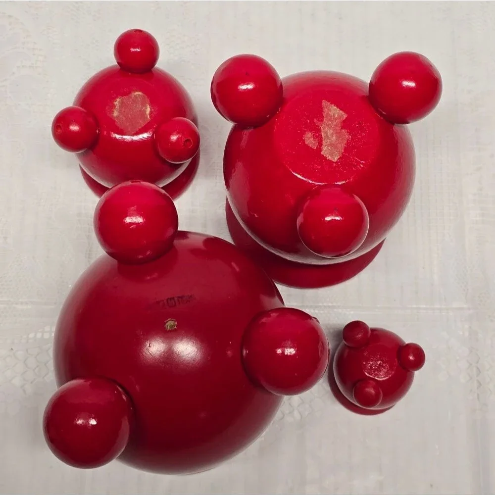 Vintage Scandinavian Swedish Wooden Red Topper Candlestick Candle Holder Set